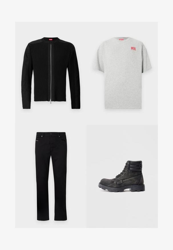 Schwarze Jacke mit Reißverschluss vorne, die eine vertikale gerippte Struktur und einen runden Ausschnitt aufweist. Weicher Stoff mit langen Ärmeln und einer taillierten Silhouette.; Graues Baumwoll-T-Shirt mit rundem Ausschnitt und kurzen Ärmeln. Mit einem kleinen roten "DIESEL"-Logo auf der Brust. Glatte Textur.; Schwarze Jeans mit geradem Bein, fünf Taschen und Metallknopfverschluss. Mit dezenten Stickereidetails auf der vorderen Tasche.; Schwarz-graue Knöchelstiefel aus strukturiertem Canvas mit gepolstertem Schaft, rundem Zehenbereich und robuster Gummisohle. 6 Metallösen für die Schnürsenkel.