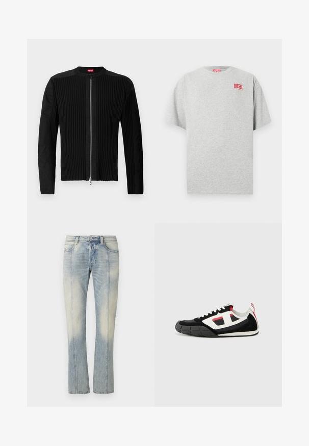 Schwarze Jacke mit Reißverschluss vorne, die eine vertikale gerippte Struktur und einen runden Ausschnitt aufweist. Weicher Stoff mit langen Ärmeln und einer taillierten Silhouette.; Graues Baumwoll-T-Shirt mit rundem Ausschnitt und kurzen Ärmeln. Mit einem kleinen roten "DIESEL"-Logo auf der Brust. Glatte Textur.; Hellblaue Jeans aus Denim mit geradem Bein, doppelt abgesteppten Nähten, Fronttaschen und einem verwaschenen Finish. Kein sichtbares Markenzeichen.; Diesel S PAGODHA LOW - Sneaker low - black