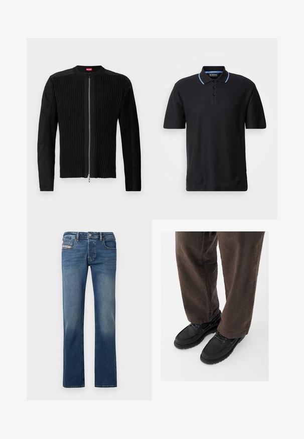 Zwarte ritsjack met verticale ribbels en een ronde halslijn. Zacht materiaal met lange mouwen en een aansluitende pasvorm.; Scotch & Soda STRUCTURED RELAXED FIT - Poloshirt - meteorite; Blauwe spijkerbroek met rechte pijpen, lichte vervaging op de dijen, vijfzakkenmodel en een knoopsluiting in de tailleband.; Zwarte leren schoenen met een gladde afwerking, ronde neus en vetersluiting, gecombineerd met textuurrijke bruine broek. Vanuit een laag perspectief gezien.