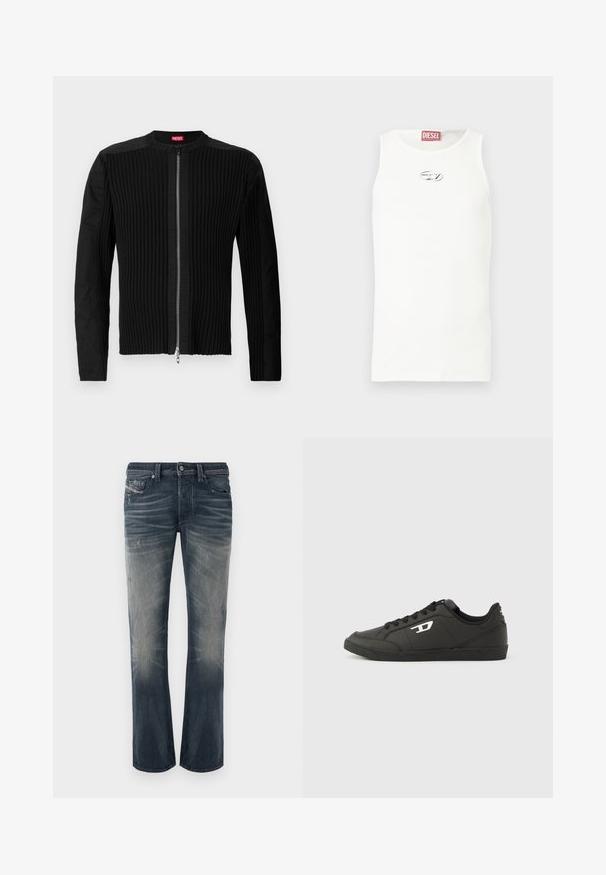 Zwarte ritsjack met verticale ribbels en een ronde halslijn. Zacht materiaal met lange mouwen en een aansluitende pasvorm.; Witte mouwloze tanktop gemaakt van gladde stof, met een klein zilveren logo op de borst en een rood label aan de halslijn.; Lichtgewassen, recht gesneden jeans van donkerblauwe denim met vervaagde delen, subtiele slijtage en distressed details. Knopenluiting met vijf zakken.; Zwarte sneakers van synthetisch materiaal met een geribbelde zwarte zool, ronde neus en vlakke zwarte veters. Opvallend wit logomerk aan de buitenzijde.