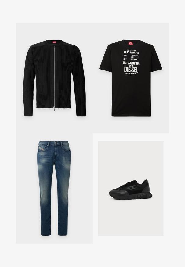 Zwarte ritsjack met verticale ribbels en een ronde halslijn. Zacht materiaal met lange mouwen en een aansluitende pasvorm.; Zwart katoenen T-shirt met opvallende witte tekstgrafieken, waaronder "DIESEL" en "INDUSTRY", met een ronde hals en korte mouwen.; Donkerblauwe spijkerbroek met een vervaagde wassing, recht model en een licht beschadigde knie. Voorzien van voorzakken en een metalen knoopsluiting.; Zwarte lage sneaker met een bovenwerk van gemengd mesh en leer, vetersluiting en een gestructureerde zool, getoond in het rechterzijprofiel op een witte achtergrond.