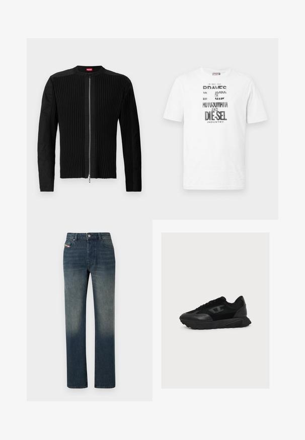 Zwarte ritsjack met verticale ribbels en een ronde halslijn. Zacht materiaal met lange mouwen en een aansluitende pasvorm.; Witte korte mouw Diesel T-shirt met zwart-witte grafische tekst en logo aan de voorkant, ronde halslijn en rode logolabel aan de zijnaad.; Blauwe denim jeans met rechte pijpen, een vervaagde wassing, knoop- en ritssluiting aan de voorkant, en een ontwerp met vijf zakken.; Zwarte lage sneaker met een bovenwerk van gemengd mesh en leer, vetersluiting en een gestructureerde zool, getoond in het rechterzijprofiel op een witte achtergrond.