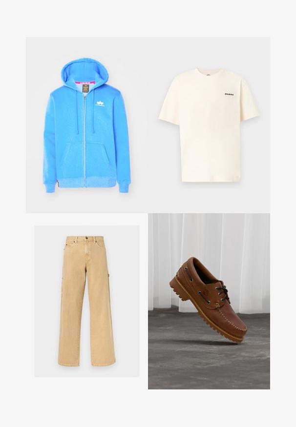 Haut à capuche zippé bleu en tissu doux, avec une poche avant, un capuchon à cordon de serrage et un logo blanc sur la poitrine.; T-shirt en coton de couleur crème avec manches courtes, arborant un petit logo noir "Dickies" sur le côté gauche de la poitrine. Coupe simple et décontractée.; Pantalon de travail beige à jambes droites avec passants pour ceinture, poches avant et latérales, ainsi qu'une boucle pour marteau sur fond uni.; Chaussure de bateau en cuir marron avec des lacets noirs, des coutures beiges et une semelle robuste, suspendue au-dessus d'un sol en béton gris.
