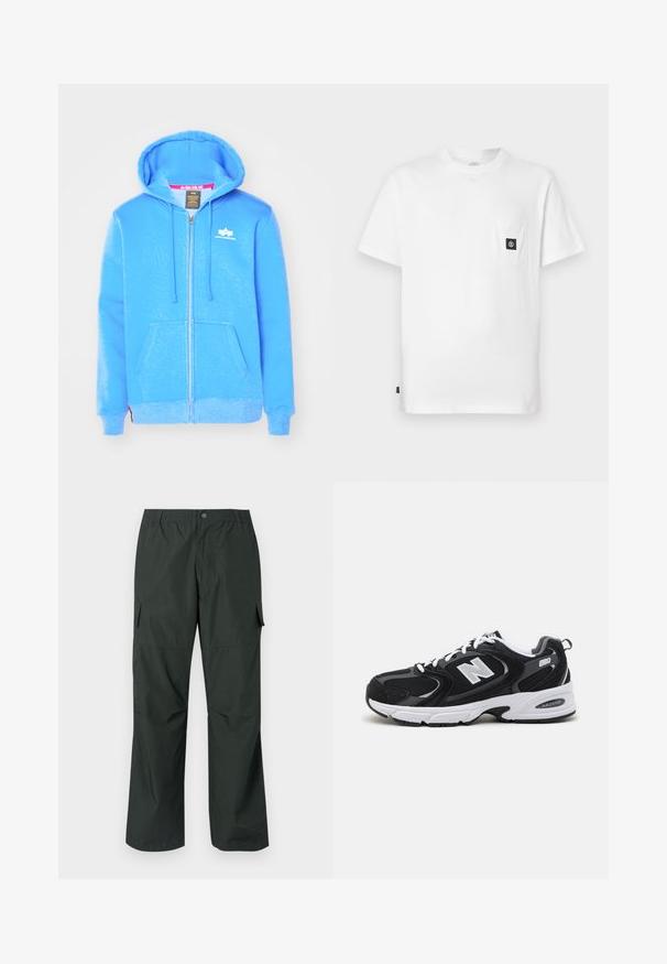 Haut à capuche zippé bleu en tissu doux, avec une poche avant, un capuchon à cordon de serrage et un logo blanc sur la poitrine.; T-shirt en coton blanc avec encolure ronde, manches courtes et une poche poitrine ornée d'un patch logo noir. Texture lisse, coupe décontractée.; Pantalons cargo vert foncé avec une coupe décontractée, une taille élastique, des poches cousues et une texture de tissu lisse et léger.; Baskets de sport noires et grises avec un tige en mesh et en suède, présentant une semelle intermédiaire blanche, des lacets et un logo "N" audacieux sur le côté.