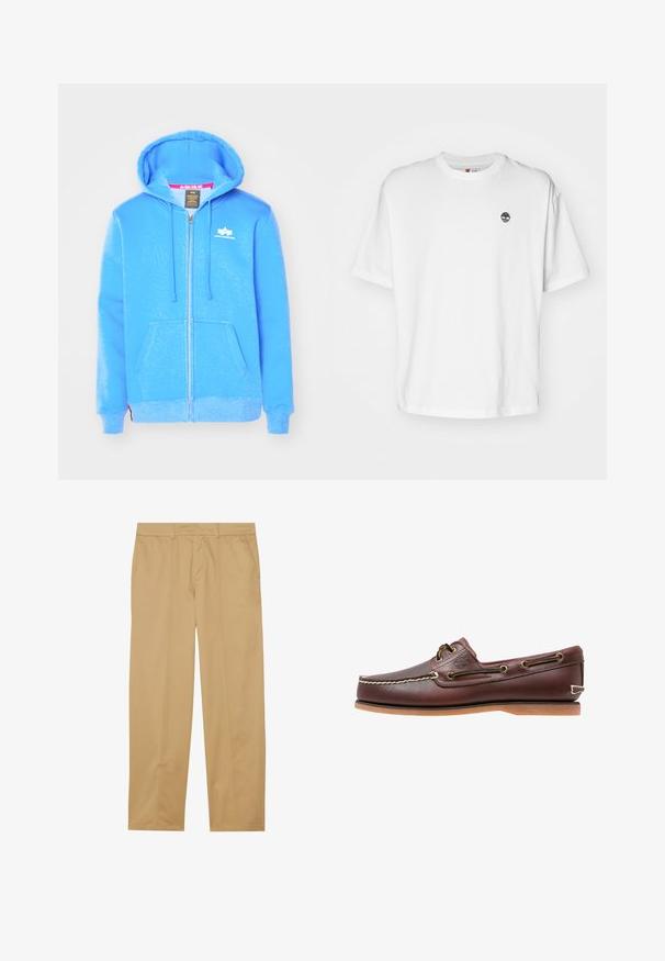 Haut à capuche zippé bleu en tissu doux, avec une poche avant, un capuchon à cordon de serrage et un logo blanc sur la poitrine.; T-shirt en coton blanc avec un col rond, des manches courtes et un petit logo d'arbre noir sur la poitrine gauche. Tissu doux, coupe décontractée.; Pantalons kaki en tissu lisse, avec une coupe droite, deux poches avant et des détails de couture épurés et minimaux.; Chaussure bateau en cuir marron avec coutures blanches, détails de lacets et semelle en caoutchouc beige, vue de côté sur fond blanc.