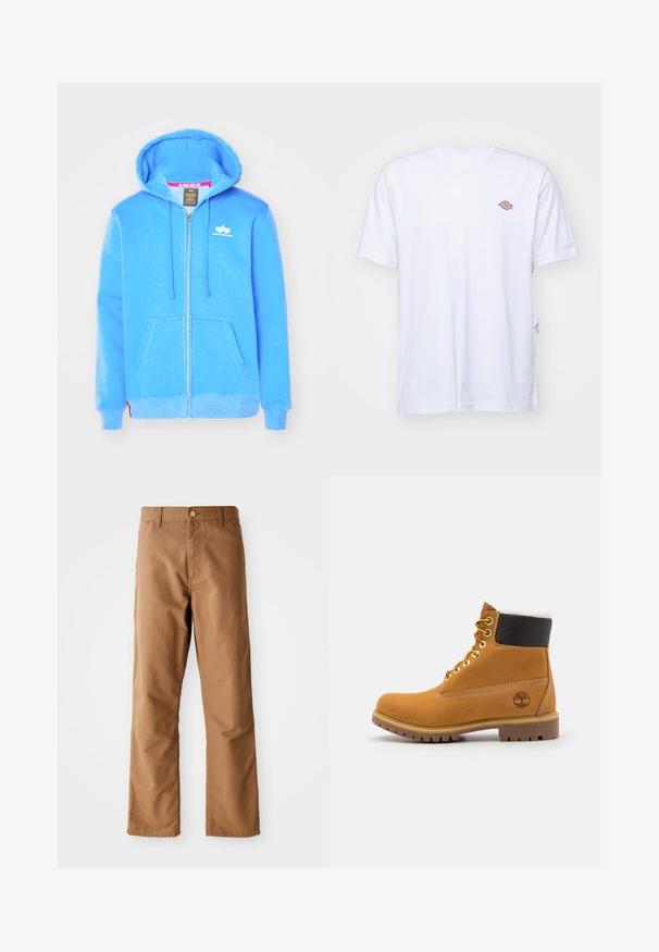 Sudadera azul con cremallera hecha de un tejido suave, que cuenta con un bolsillo frontal, capucha con cordón y un logo blanco en el pecho.; Camiseta de algodón blanca con cuello en V y mangas cortas. Presenta un pequeño logo bordado de colores en el lado izquierdo del pecho. Textura suave.; Pantalones rectos marrones con pasadores para cinturón, bolsillos frontales, cierre de botón y cremallera sobre un fondo blanco.; Botín de cuero marrón con ojales de metal, forro de piel sintética blanca, cuello acolchado negro, suela resistente y logotipo en relieve en el costado.