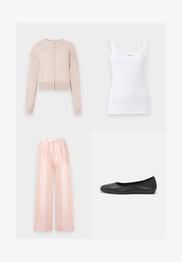 Lyserød cropped cardigan med knapper, lange ærmer og ribkant ved ærmer og nederdel, vist på hvid baggrund.; Hvid ribbet tanktop med brede skulderstropper og scoop halsudskæring, vist på en ensfarvet lys baggrund.; Lys pink højtaljede wide-leg bukser med en glat, blank tekstur, med folder fortil og et matchende bælte.; Sort læderballetsko med rund tå, glat tekstur, minimal syning og et fleksibelt såldesign.