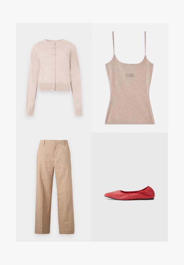 Lyserød cropped cardigan med knapper, lange ærmer og ribkant ved ærmer og nederdel, vist på hvid baggrund.; Ribbet, beige top med tynde justerbare stropper. Har en firkantet udskæring og en lille trykt detalje nær midten.; Beige bukser med lige ben, diskrete lodrette striber, bæltestropper og lynlåslukning foran på ensfarvet baggrund.; Filippa K REY FLATS - Ballerinasko - bright red