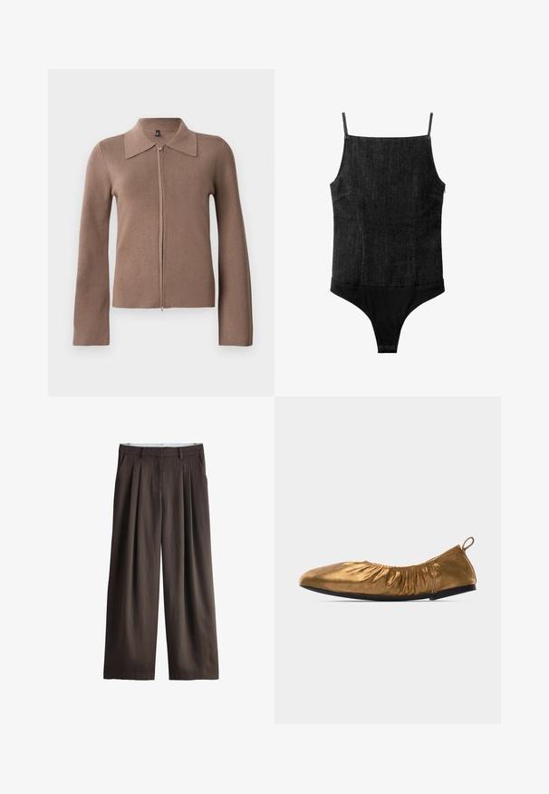 Brun zip-up cardigan med krave, lange ærmer, ribbet tekstur og en tætsiddende silhuet. Minimalistisk design uden synlig branding eller mønstre.; Sort denim bodystocking med tynde skulderstropper, firkantet halsudskæring og knaplukning forneden.; Mørkebrune bukser med vide ben, bæltestropper, frontplisseringer og sidelommer, vist fladt på en hvid baggrund.; Bløde metallic gyldne balletflade sko med rynket elastisk top og sort sål, vist fra siden på hvid baggrund.