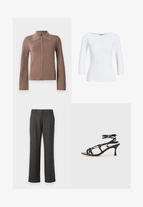 Brun zip-up cardigan med krave, lange ærmer, ribbet tekstur og en tætsiddende silhuet. Minimalistisk design uden synlig branding eller mønstre.; Hvid, ribbet langærmet top med bådudskæring. Stoffet er glat, tætsiddende og har en ren afslutning ved manchetterne og kanten.; Mørkegrå formelle bukser med lige ben, bæltestropper og frontfolder, præsenteret mod en hvid baggrund.; Sort patentlæder højhælede sandaler med stropdesign, justerbar ankelrem og knyttede detaljer. Glat tekstur, spids tå.