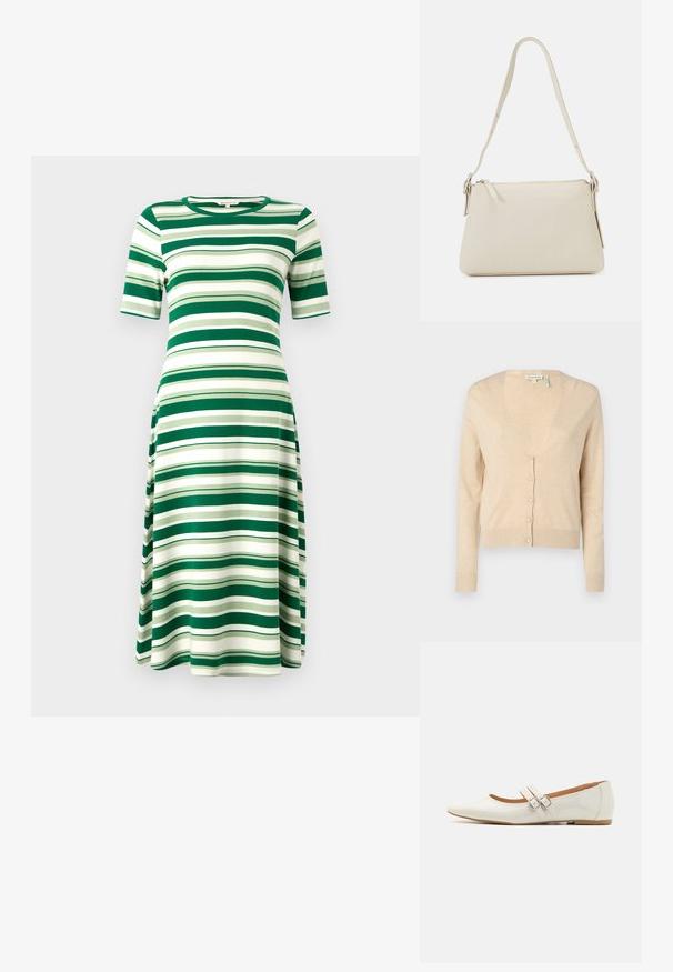 Cárdigan beige fabricado con una suave tela de punto. Presenta un escote en V profundo, mangas largas y seis botones en la parte delantera.; Vestido a rayas verde y blanco, hecho de una tela suave, con mangas cortas y escote redondeado, de forma A que fluye, hasta la rodilla.; Bailarinas de charol blanco con punta afilada, dos tiras decorativas con hebillas plateadas y una plantilla sutilmente marrón.; Bolso de hombro beige hecho de cuero suave con cierre de cremallera. Presenta un diseño simple, correa de hombro delgada y acentos de hardware metálico.