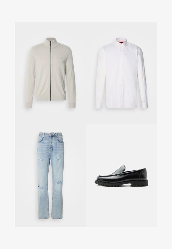 Lichtgrijze zip-up sweater met een hoge kraag, ribbelmanchetten en -zoom, voorzien van een subtiele logo op de borst en een contrasterende zwarte rits.; Witte overhemd met lange mouwen van katoen, met een klassieke kraag, een voorkant met knopen en een gladde textuur. Rode details aan de binnenkant van de kraag.; Licht gewassen denim jeans met een ontspannen pasvorm, voorzien van versleten plekken en rafelige randen. De stof heeft een zachte, gladde textuur.; Zwarte leren loafer met dikke rubberen zool, gestikte bovenkant en gegraveerde merknaam op de hiel, zijaanzicht op witte achtergrond.