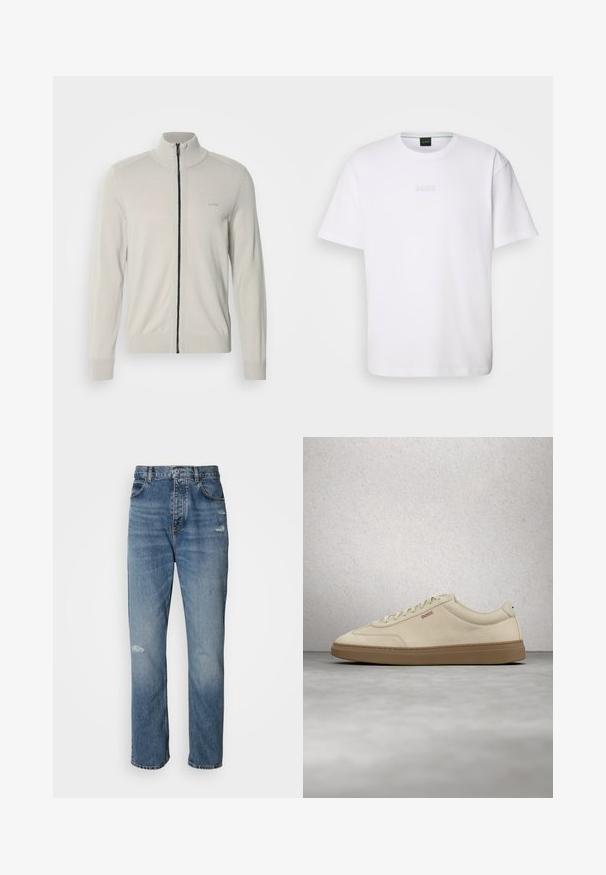 Lichtgrijze zip-up sweater met een hoge kraag, ribbelmanchetten en -zoom, voorzien van een subtiele logo op de borst en een contrasterende zwarte rits.; Witte katoenen T-shirt met korte mouwen, ronde halslijn en reliëf 'BOSS' logo op de borst. Veilig textuur, standaard pasvorm.; Lichtblauwe denim jeans met een rechte pijpdesign, voorzien van een knoop- en ritssluiting, vijf zakken en verwerkte details nabij de knie.; Lichtbeige suède sneaker met een zool van gumrubber, opvallende veters en subtiele stikdetails. Strak ontwerp met een minimalistische uitstraling.