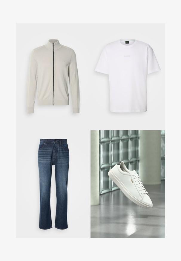 Lysegrå zip-up sweater med høj krave, ribbede manchetter og kant, med et diskret logo på brystet og en kontrasterende sort lynlås.; Hvid bomulds T-shirt med korte ærmer, rund halsudskæring og præget "BOSS" logo på brystet. Glat tekstur, standard pasform.; Denim jeans med lige ben design, medium vask, fem-lomme stil og knaplukning. Stoffet har en glat tekstur med let falmede områder.; Hvid læder lav-top sneaker med snørebånd, sort hælflig og "BOSS"-logo, svævende indendørs nær glasblok væg og poleret gulv.