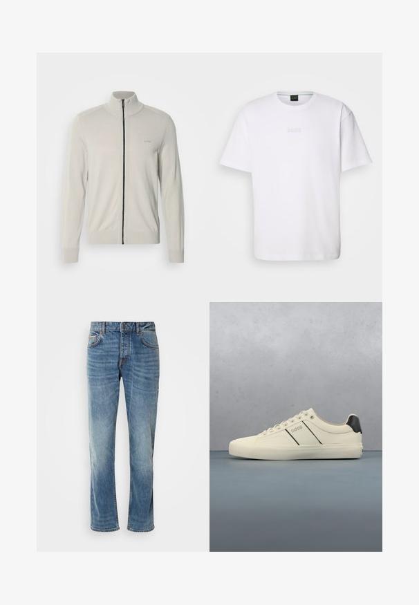 Suéter de cremallera gris claro con cuello alto, puños y dobladillo acanalados, que presenta un sutil logo en el pecho y una cremallera negra contrastante.; Camiseta de algodón blanca de manga corta, con escote redondo y logotipo grabado de "BOSS" en el pecho. Textura suave, ajuste estándar.; Jeans de denim azul claro con piernas rectas, cinco bolsillos, costuras en contraste y un acabado desgastado. Cuenta con un cierre de botón y cremallera.; Zapatillas de color crema con una textura suave, que presentan acentos y marcas en negro. Diseño clásico de cordones con punta redonda y suela de goma.
