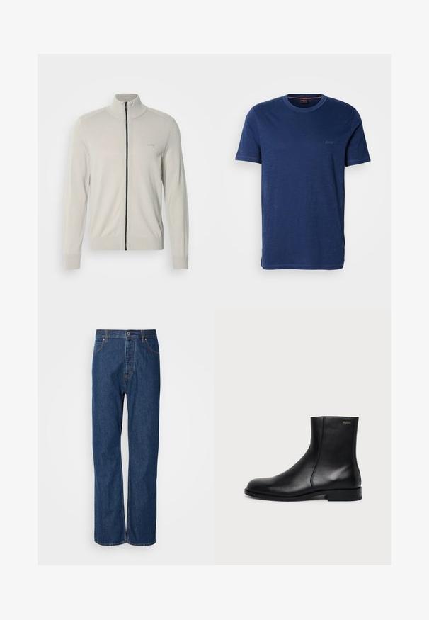 Suéter de cremallera gris claro con cuello alto, puños y dobladillo acanalados, que presenta un sutil logo en el pecho y una cremallera negra contrastante.; Camiseta de manga corta azul marino, cuello redondo, confeccionada en tela suave con una textura sutil; cuenta con un pequeño logo de marca en la esquina superior izquierda.; Jeans de denim azul con un diseño de pierna recta, que cuentan con una bragueta de botones, cinco bolsillos y costuras de contraste a lo largo de las costuras.; Botín negro de cuero con tacón bajo, costura lateral y pequeño logo "HUGO" en el puño superior sobre un fondo liso.