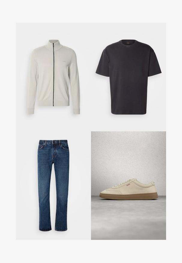 Lysegrå zip-up sweater med høj krave, ribbede manchetter og kant, med et diskret logo på brystet og en kontrasterende sort lynlås.; Sort kortærmet T-shirt lavet af bomuld, med rund halsudskæring og subtil branding ved kraven. Glat tekstur med en afslappet pasform.; Mænds blå denim jeans med lige ben design, standard talje, fem-lomme stil og subtilt slid langs lårene.; Lyse beige ruskindssneaker med gummisål i farven gum, tydelige snørebånd og fine syningsdetaljer. Ren design med et minimalistisk æstetisk udtryk.