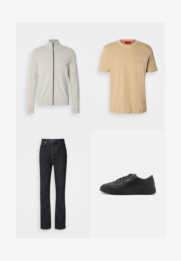 Hellgrauer Reißverschluss-Pullover mit hohem Kragen, gerippten Bündchen und Saum, ausgestattet mit einem dezenten Logo auf der Brust und einem kontrastierenden schwarzen Reißverschluss.; Beige Baumwoll-T-Shirt mit Rundhalsausschnitt, kurzen Ärmeln und einem kleinen weißen "HUGO"-Logo auf der Brust. Glatte Textur ohne Muster.; Hochtaillierte schwarze Jeans aus Denim mit Knopf- und Reißverschluss, Vorder- und Hintertaschen sowie einer geraden Passform.; Schwarze Leder-Sneaker mit glatter Textur, runder Zehenpartie, flacher Gummisohle und einfarbigen Schnürsenkeln. Mit goldfarbenem "BOSS" Logo an der Seite.