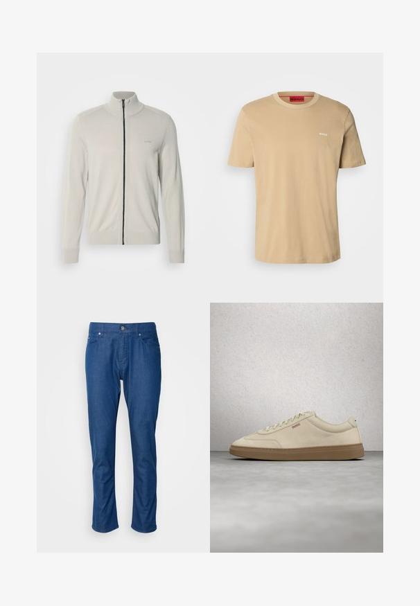 Lichtgrijze zip-up sweater met een hoge kraag, ribbelmanchetten en -zoom, voorzien van een subtiele logo op de borst en een contrasterende zwarte rits.; Beige katoenen t-shirt met een ronde hals, korte mouwen en een klein wit "HUGO" logo op de borst. Een gladde textuur zonder patronen.; Blauwe denimbroeken met een recht gesneden ontwerp, voorzakken en een enkele knoopsluiting. Soepele textuur met minimale details.; Lichtbeige suède sneaker met een zool van gumrubber, opvallende veters en subtiele stikdetails. Strak ontwerp met een minimalistische uitstraling.