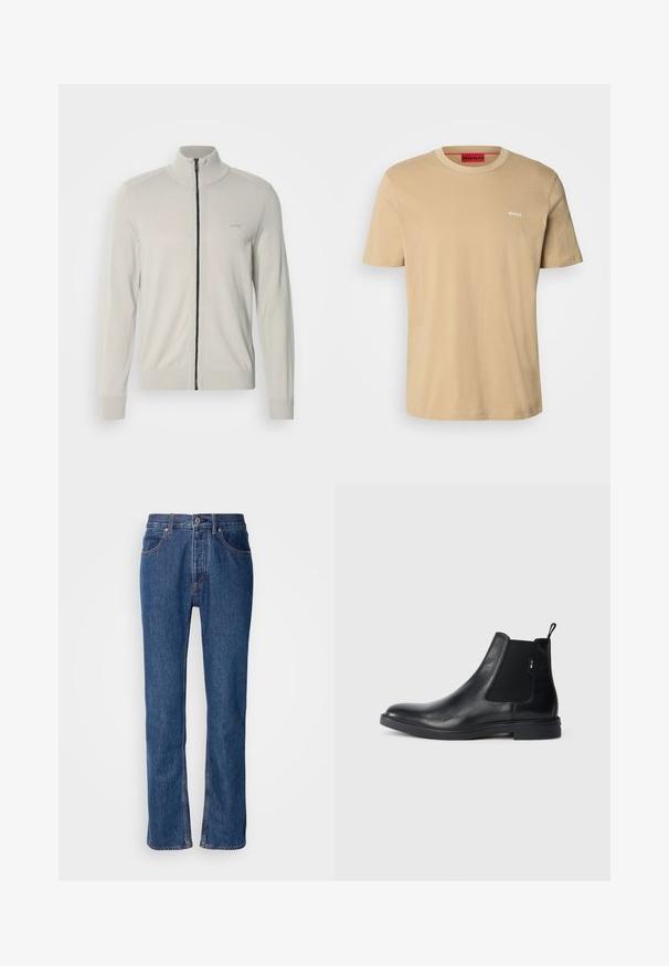 Suéter de cremallera gris claro con cuello alto, puños y dobladillo acanalados, que presenta un sutil logo en el pecho y una cremallera negra contrastante.; Camiseta de algodón beige con cuello redondo, mangas cortas y un pequeño logo blanco "HUGO" en el pecho. Textura suave sin patrones.; Vaqueros de mezclilla azul con corte recto, diseño de cinco bolsillos y costuras claras. Presenta un cierre de cremallera y un botón en la parte frontal.; Botines Chelsea de cuero negro con paneles elásticos laterales, una pestaña para tirar y una suela de goma plana. Textura suave con un detalle mínimo.