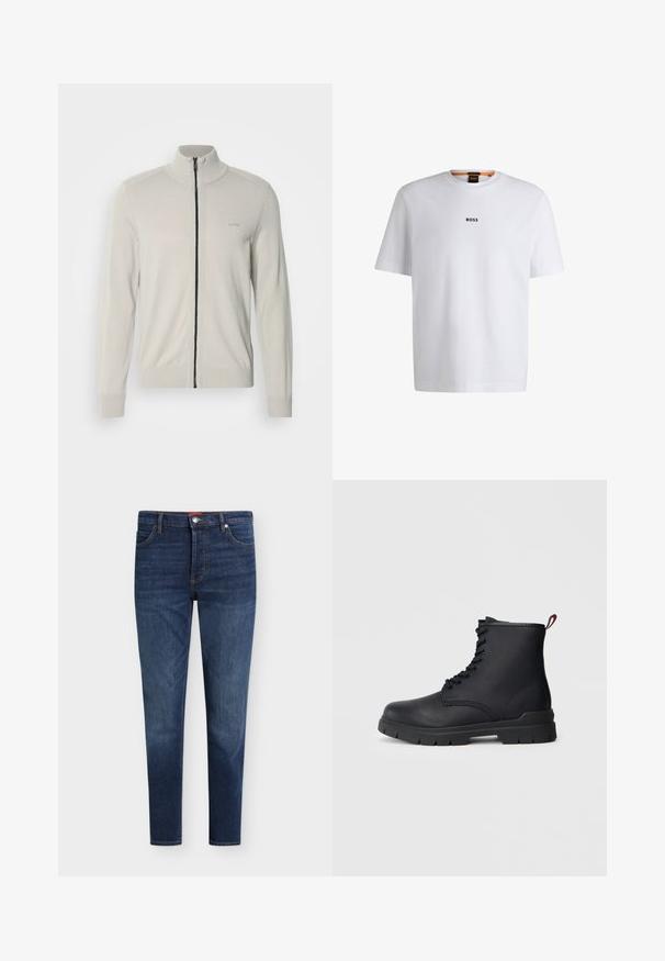 Lichtgrijze zip-up sweater met een hoge kraag, ribbelmanchetten en -zoom, voorzien van een subtiele logo op de borst en een contrasterende zwarte rits.; Witte katoenen T-shirt met korte mouwen, voorzien van een zwart "BOSS"-logo in het midden van de borst en een ronde halsontwerp.; Donkerblauwe slim-fit jeans met voorzakken, riemlussen, knoopsluiting en subtiel vervagen op dijen en knieën.; Zwarte leren enkelboot met vetersluiting aan de voorkant, dikke rubberen zool en rode lip aan de hak, gepresenteerd tegen een neutrale lichte achtergrond.