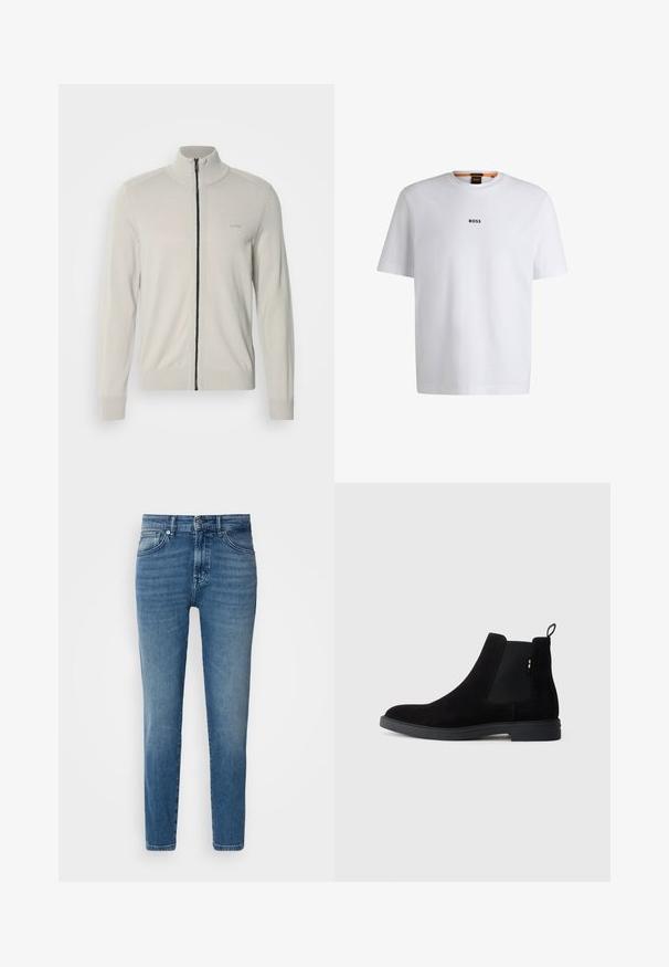 Lichtgrijze zip-up sweater met een hoge kraag, ribbelmanchetten en -zoom, voorzien van een subtiele logo op de borst en een contrasterende zwarte rits.; Witte katoenen T-shirt met korte mouwen, voorzien van een zwart "BOSS"-logo in het midden van de borst en een ronde halsontwerp.; Lichtblauwe denim jeans met een rechte pasvorm, traditionele vijf-pocket stijl, metalen knoopsluiting en subtiele vervaging aan de voorkant.; Zwarte suède Chelsea laarzen met elastische zijpanelen, ronde neus en een lage rubberen zool. Beschikt over een trekband aan de achterkant voor eenvoudig aan- en uittrekken.