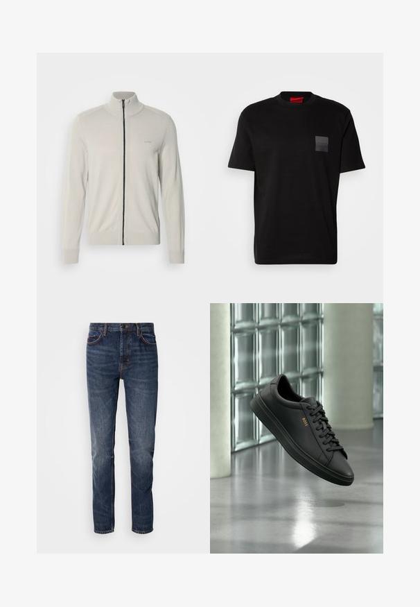 Hellgrauer Reißverschluss-Pullover mit hohem Kragen, gerippten Bündchen und Saum, ausgestattet mit einem dezenten Logo auf der Brust und einem kontrastierenden schwarzen Reißverschluss.; Schwarzes Baumwoll-T-Shirt mit Rundhalsausschnitt, versehen mit einem strukturierten schwarzen Patch mit Logo auf der linken Brust. Kurze Ärmel und entspannter Schnitt.; Dunkelblaue Jeans aus Denim mit geradem Bein, fünf Taschen und kontrastierenden Nähten. Leicht ausgewaschene Textur mit klassischer Passform.; Schwarzer flacher Ledersneaker mit schwarzen Schnürsenkeln und goldenem BOSS-Logo an der Seite, schwebend über einem glänzenden grauen Boden in einem modernen Innenraum.