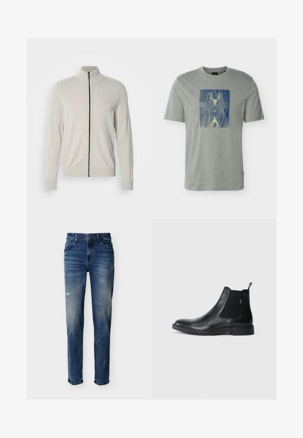 Lysegrå zip-up sweater med høj krave, ribbede manchetter og kant, med et diskret logo på brystet og en kontrasterende sort lynlås.; Lysegrå T-shirt med korte ærmer med et centralt motiv af en gul edderkoppsilhuet mod en blå himmelbaggrund og teksten "BOSS" i midten.; Blå denim jeans med let falming og slidte områder, fem-lommer stil, lige ben, knap- og lynlås lukning.; Sorte læder Chelsea støvler med elastiske sidepaneler, en pull-tab og en flad gummisål. Glat tekstur med minimal detaljer.