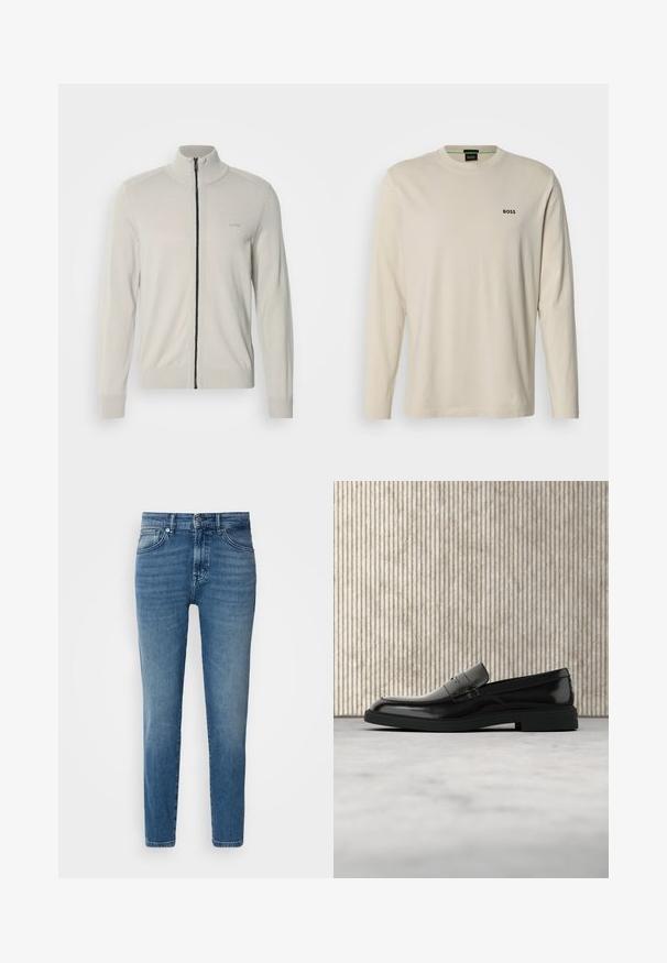 Lichtgrijze zip-up sweater met een hoge kraag, ribbelmanchetten en -zoom, voorzien van een subtiele logo op de borst en een contrasterende zwarte rits.; Beige T-shirt met lange mouwen, gemaakt van katoen, met een ronde hals en een klein zwart "BOSS"-logo op de linkerborst. Gladde textuur.; Lichtblauwe denim jeans met een rechte pasvorm, traditionele vijf-pocket stijl, metalen knoopsluiting en subtiele vervaging aan de voorkant.; Zwarte gepolijste leren loafer die boven een beige tapijt zweeft met oranje doorschijnend meubilair op de achtergrond.