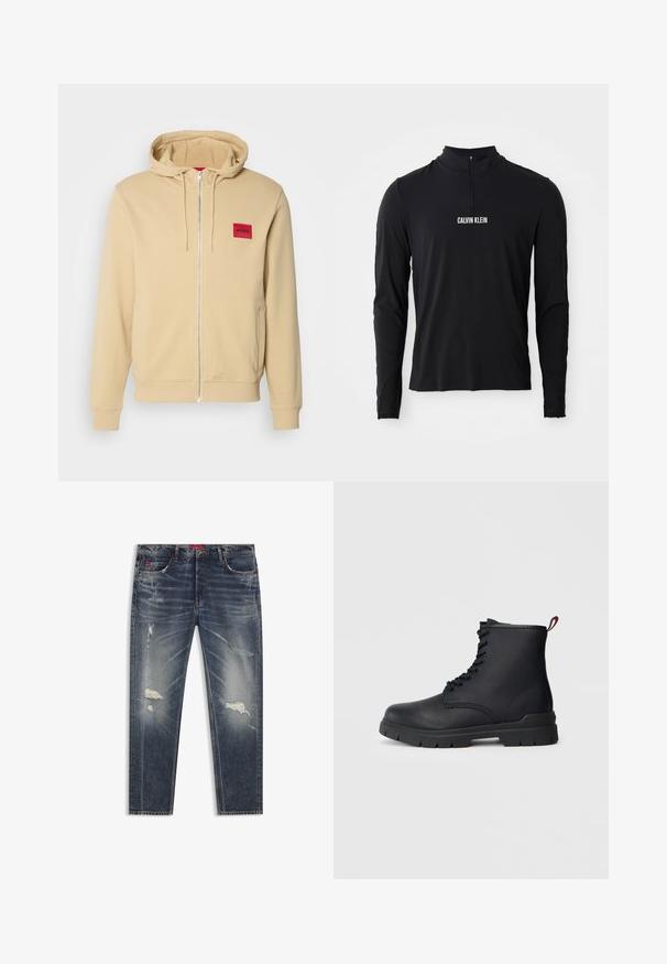 Haut à capuche zipé beige en mélange de coton doux, avec un écusson logo carré rouge sur la poitrine gauche. Comprend une capuche avec cordon de serrage et des poches latérales.; Haut noir à manches longues avec un col montant, doté d'une fermeture éclair quart et du logo "CALVIN KLEIN" en blanc à l'avant. Tissu lisse et extensible.; Jean bleu foncé avec un aspect usé, présentant des déchirures et un effet décoloré, design classique à cinq poches et fermeture à bouton à la taille.; Bottine en cuir noir avec un laçage sur le devant, semelle en caoutchouc épaisse et tirant rouge à l'arrière, présentée sur un fond clair et unicolore.