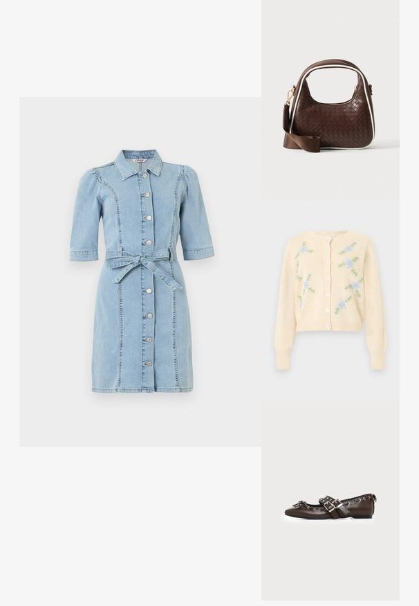 Cardigan en tricot crème à manches longues, boutons sur le devant et broderie de fleurs bleu clair avec feuilles vertes sur les côtés avant.; Robe en denim bleu clair avec manches courtes bouffantes, boutons à l'avant, col et ceinture nouée à la taille.; Chaussure plate en cuir marron foncé avec bout pointu, doubles brides à boucles argentées, œillets métalliques et nœud décoratif à l'avant.; Sac à main en cuir tressé marron avec passepoil blanc, fermeture éclair dorée et bandoulière amovible en tissu marron.