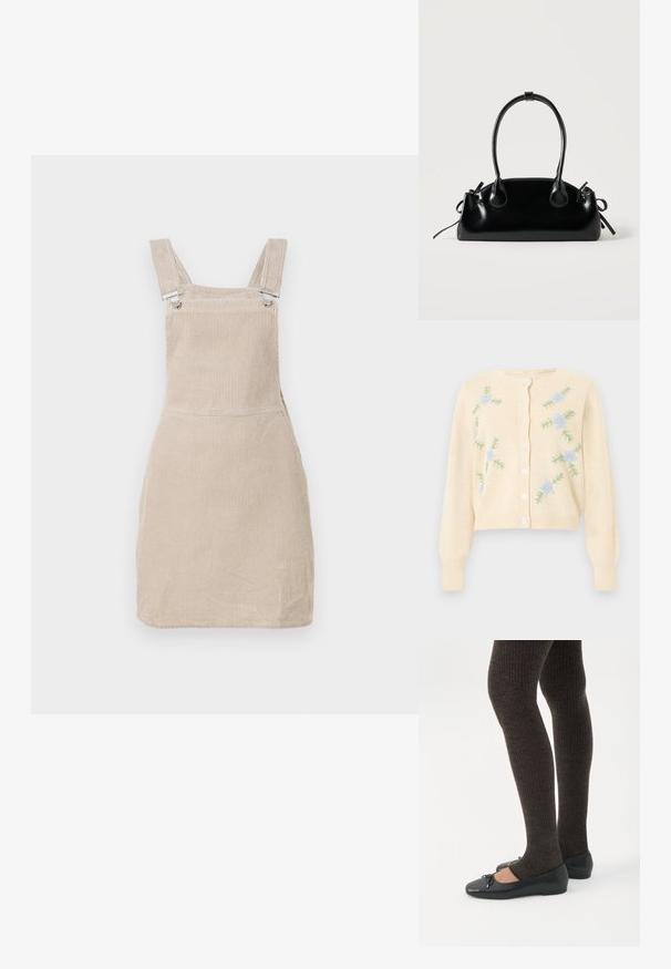 Cardigan en tricot crème à manches longues, boutons sur le devant et broderie de fleurs bleu clair avec feuilles vertes sur les côtés avant.; Robe salopette en velours côtelé beige avec bretelles ajustables et clips en métal, présentant une coupe droite et des lignes verticales texturées.; Jambes portant des leggings côtelés foncés associés à des ballerines noires avec de petits détails en nœud sur fond blanc.; Petit sac à main noir brillant avec deux longues anses et des détails à cordon sur les côtés sur un fond clair uni.