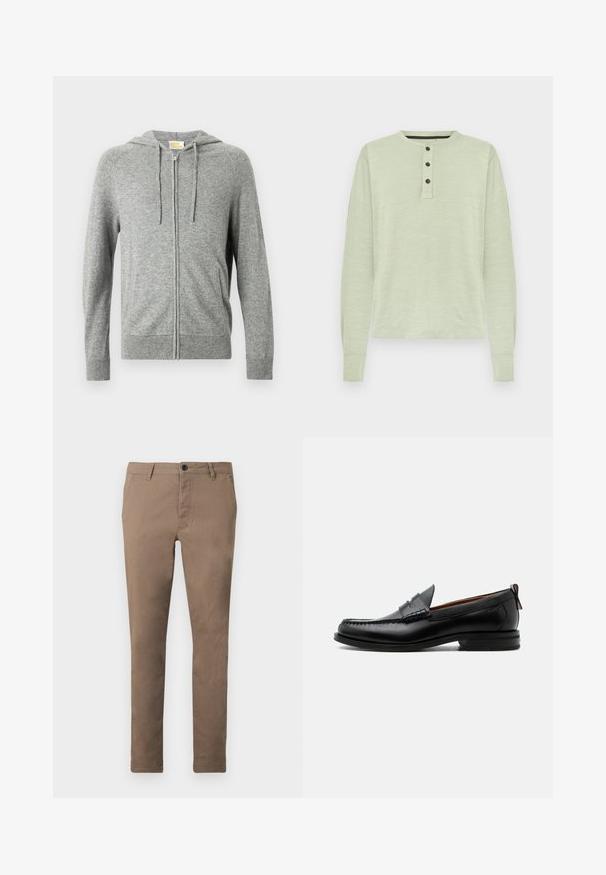 Sweat à capuche gris à fermeture éclair, avec capuche à cordon de serrage, poignets côtelés et texture lisse. Comprend des poches latérales et un design avant épuré.; Chemise à manches longues vert clair avec un col rond, patte de boutonnage à trois boutons et poignets côtelés ; fabriquée en un tissu doux et texturé.; Pantalon marron ajusté pour homme avec fermeture à boutons et zip sur le devant, passants de ceinture et poches latérales, présenté à plat sur fond blanc.; Mocassin homme en cuir noir avec couture moc toe, bride penny, col texturé et petit talon empilé sur fond blanc.