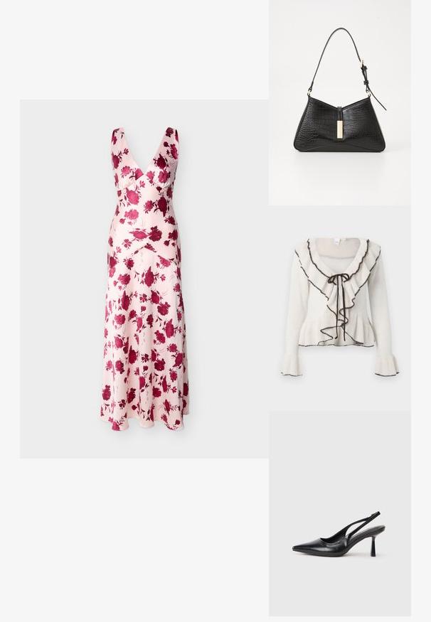 Ivory gebreide cardigan met een geschulpte halslijn, donkerbruine rand, striksluiting en klokmouwen. Zachte textuur en uitlopende zoom.; Mouwloze roze maxi-jurk met diepe V-hals en bordeauxrood bloemenpatroon, nauwsluitend lijfje en vloeiende rok.; Zwarte leren slingback hoge hak schoenen met puntige neus en slanke hak op een witte achtergrond.; Zwarte handtas van faux krokodillenleer, met een driehoekige vorm, een slanke schouderband en een goudkleurige hardware-accent in het midden.