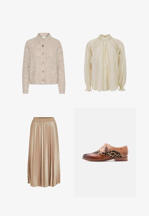 Cardigan en tricot beige avec un col montant, comportant cinq boutons argentés sur le devant et un tissu texturé et doux. Longueur courte, manches longues.; Blouse couleur crème en tissu léger, avec un col montant à volants, épaules tombantes et poignets froncés ornés de volants.; Jupe midi plissée en satin beige clair. Dotée d'une large taille élastique et de plis verticaux élégants sur toute sa longueur.; Chaussure de ville en cuir marron avec panneau en tissu imprimé léopard, détails brogue, lacets à pampilles et petit talon en bois.