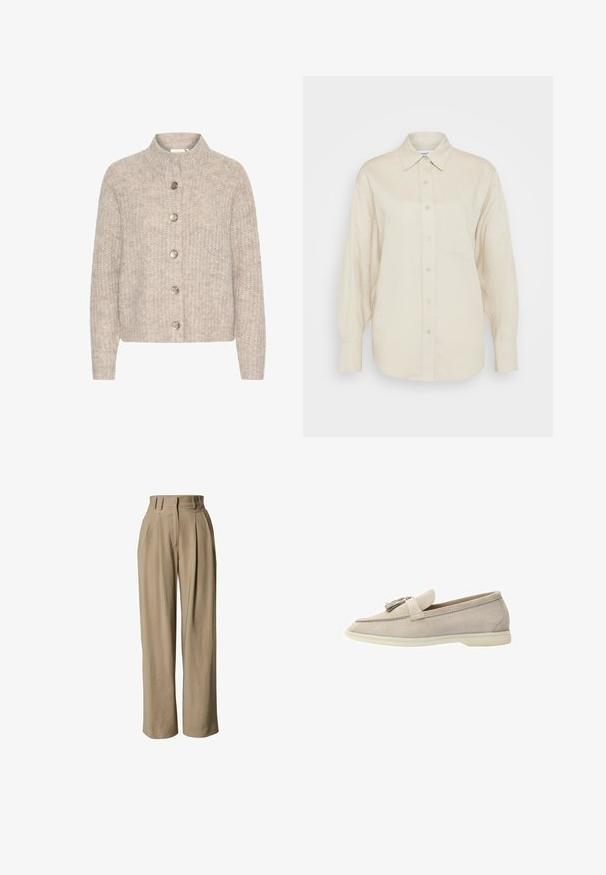 Cardigan en tricot beige avec un col montant, comportant cinq boutons argentés sur le devant et un tissu texturé et doux. Longueur courte, manches longues.; Chemise beige à boutons, fabriquée en tissu léger, avec des manches longues, une poche poitrine et un col classique.; LeGer by Lena Gercke DRACO - Pantalon classique - cappuccino; Mocassins en daim beige avec un accent de gland, présentant une texture lisse, un bout arrondi et une semelle en caoutchouc pour plus de flexibilité.
