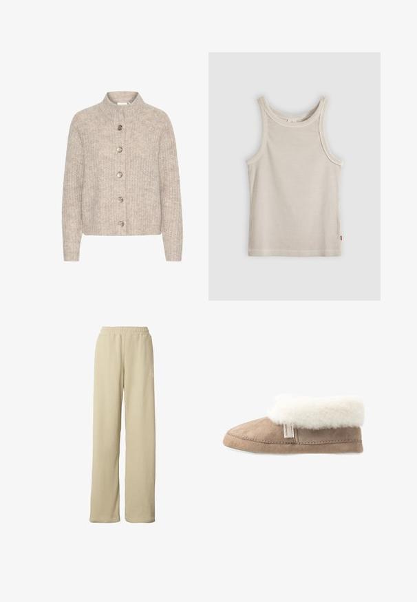 Cardigan en tricot beige avec un col montant, comportant cinq boutons argentés sur le devant et un tissu texturé et doux. Longueur courte, manches longues.; Débardeur beige côtelé sans manches avec encolure ronde et coupe ajustée, présenté sur un fond gris.; Pantalon large beige côtelé avec taille élastique et petit logo blanc discret sur la partie supérieure de la cuisse.; Chausson en suède beige avec un col en fourrure blanche, texture douce, design à bout rond et semelle extérieure blanche. Présente une couture visible et une étiquette.