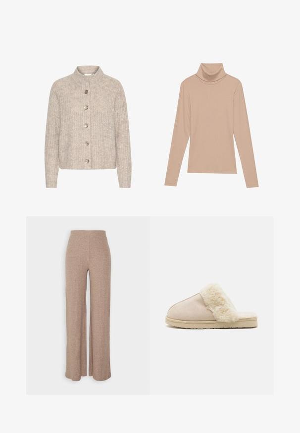 Cardigan en tricot beige avec un col montant, comportant cinq boutons argentés sur le devant et un tissu texturé et doux. Longueur courte, manches longues.; Haut col roulé à manches longues en vissage beige, présenté à plat sur un fond clair.; Pantalons larges en beige à côtes avec une taille haute et une texture douce, présentant une coupe loose et sans fermetures visibles.; Bianco BIASWEETIE SLIPPER - Chaussons - beige
