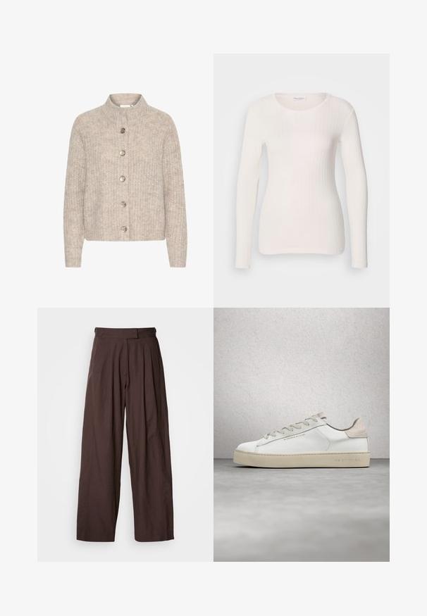 Cardigan en tricot beige avec un col montant, comportant cinq boutons argentés sur le devant et un tissu texturé et doux. Longueur courte, manches longues.; Haut à manches longues blanc en maille côtelée avec un col rond, une texture lisse et une coupe ajustée. Des lignes verticales subtiles créent une apparence épurée.; Pantalon marron à jambes larges avec une taille haute, un devant plissé et une texture de tissu lisse. Comprend deux poches latérales et un look net et ajusté.; Sneaker en cuir blanc avec une finition lisse, accents en suède beige, bout arrondi, design à lacets plats et semelle en caoutchouc texturée.