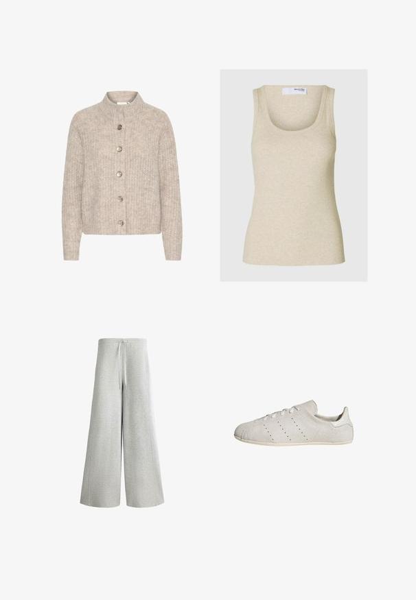 Cardigan en tricot beige avec un col montant, comportant cinq boutons argentés sur le devant et un tissu texturé et doux. Longueur courte, manches longues.; Débardeur beige à côtes avec un décolleté arrondi et des bretelles larges. Fabriqué en tissu doux, il présente une silhouette ajustée.; Pantalon large gris clair avec taille élastique et cordon de serrage, fabriqué en tissu doux et texturé.; Baskets basses blanches texturées avec fermeture à lacets et bandes perforées sur le côté, vues de profil sur fond blanc.