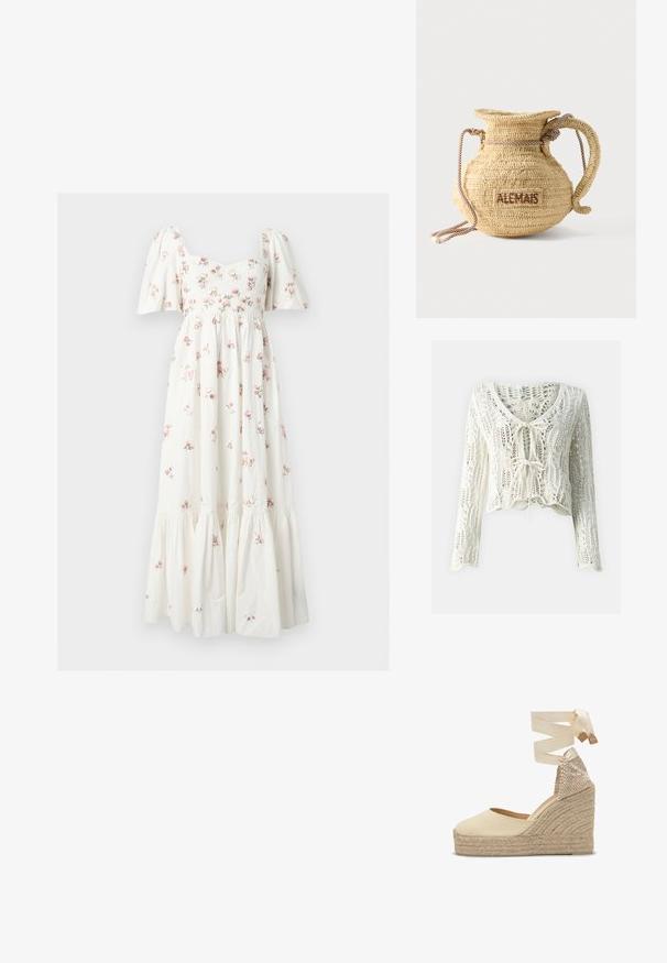 Cardigan court au crochet de couleur crème. Doté de manches longues, d'un décolleté en V profond et d'une fermeture à cordon ajustable à l'avant. Tissu texturé avec une trame ouverte.; Robe midi blanche avec manches bouffantes, corsage ajusté et petit imprimé floral rose, avec une jupe à volants froncés.; Compensée en toile beige avec plateforme en jute tressé et liens à nouer autour de la cheville en tissu assorti.; Sac à main rond en paille tissée avec une anse en corde et "ALEMAIS" brodé sur le côté en fil marron.
