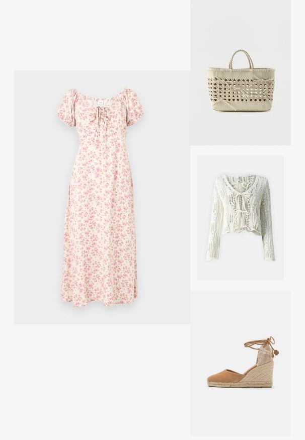 Cardigan court au crochet de couleur crème. Doté de manches longues, d'un décolleté en V profond et d'une fermeture à cordon ajustable à l'avant. Tissu texturé avec une trame ouverte.; Robe midi crème à imprimé floral rose, manches bouffantes, encolure carrée et détail noué à l'avant.; Sandale à talon compensé en suède tan avec une semelle en jute, un design à bout ouvert et un dos en maille tressée avec une fermeture à lacets et un accent décoratif.; Sac fourre-tout beige tissé avec un centre en treillis ouvert et plusieurs nœuds attachés, doté de poignées courtes et tressées.