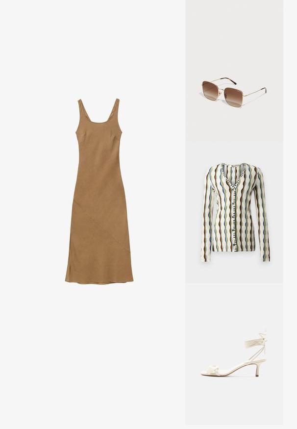 Strikket cardigan med V-hals, der har bølgemønstre i brun, blå og grøn. Knappet front med sort og hvid accent. Lange ærmer.; Ærmeløs, kamelfarvet midikjole med rund halsudskæring og subtil diagonal sømdetalje, lavet af glat stof.; Kremfarvet sandal med lave hæle, bindebånd om anklen og en bred snoet rem over tæerne på en ensartet hvid baggrund.; Guldmetal solbriller med firkantet stel, brune gradientlinser og skildpadde-mønster detaljer på stængerne. Letvægtsdesign.