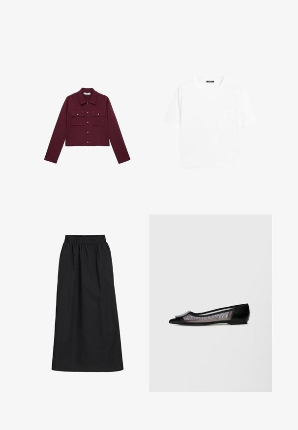 Bordeaux cropped jack met lange mouwen, knopen aan de voorkant, twee borstzakken en goudkleurige knopenaccenten. Glad materiaal en klassiek kraagontwerp.; Effen witte T-shirt met korte mouwen, ronde hals en een klein borstzakje aan de linkerkant.; Zwarte, knie-lange rok gemaakt van zachte, lichte stof. Heeft een elastische tailleband en een eenvoudig, vloeiend ontwerp zonder versieringen.; Zwarte platte schoen met een puntige neus, voorzien van een bovenwerk van gaas, een afgeronde accent aan de voorkant en een lage hak.