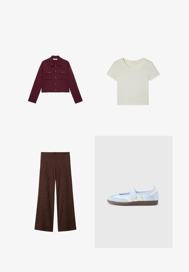 Bordeaux cropped jack met lange mouwen, knopen aan de voorkant, twee borstzakken en goudkleurige knopenaccenten. Glad materiaal en klassiek kraagontwerp.; Katoenen blend cropped t-shirt in off-white, met een ronde halslijn en korte mouwen, voorzien van een zachte, gladde textuur.; Wijde broek in donkerbruin stof, met een gladde textuur en eenvoudig ontwerp. Geen zichtbare hardware of accentuering.; Lichtblauwe sneaker met klittenbandsluiting, crèmekleurige strepen aan de zijkanten, zachte stoffen bovenzijde, gestructureerde bruine rubberen zool.