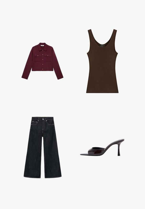Bordeaux cropped jack met lange mouwen, knopen aan de voorkant, twee borstzakken en goudkleurige knopenaccenten. Glad materiaal en klassiek kraagontwerp.; Mouwloze bruine gebreide tanktop met een ronde halslijn en geribbelde afwerking langs de randen.; Wijdvallende jeans in donker denim met een hoge taille, voorzien van twee voorzakken, een knoopsluiting en contrasterende stiksels.; Zwarte lakleren mule met open teen, smalle midhoge stilettohak en lager uitgesneden bovenband.