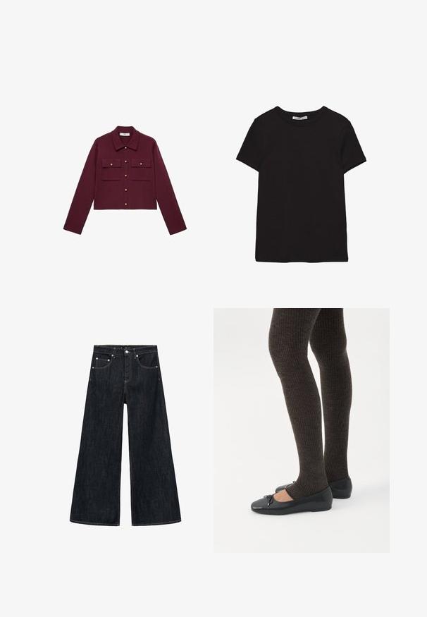 Bordeaux cropped jack met lange mouwen, knopen aan de voorkant, twee borstzakken en goudkleurige knopenaccenten. Glad materiaal en klassiek kraagontwerp.; Zwart katoenen T-shirt met korte mouwen, ronde hals, standaard pasvorm en zichtbaar binnenlabel in de nek.; Wijdvallende jeans in donker denim met een hoge taille, voorzien van twee voorzakken, een knoopsluiting en contrasterende stiksels.; Benen met donkere geribbelde leggings gecombineerd met zwarte ballerina's met kleine strikdetails op een witte achtergrond.