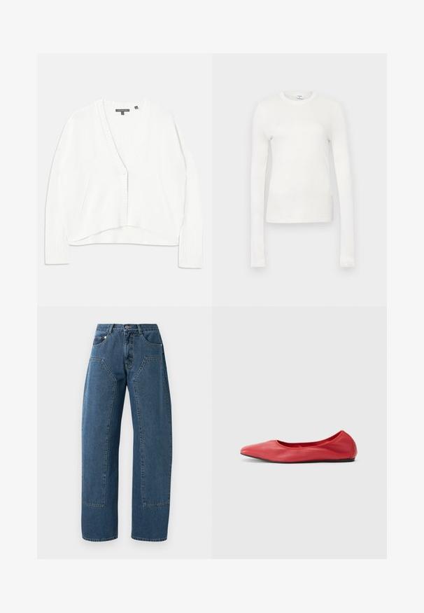 Cardigan blanc en tricot avec un col en V plongeant, des poignets et un ourlet côtelés. Il dispose de deux poches latérales et d'un fermoir à boutons à l'avant.; T-shirt à manches longues blanc en coton doux. Il présente un col rond, une silhouette ajustée et une texture lisse. Pas de motifs ni d'accents.; Jean en denim bleu à jambes larges, avec de grandes poches avant à rabat, fermeture à bouton et passants de ceinture.; Filippa K REY FLATS - Ballerines - bright red