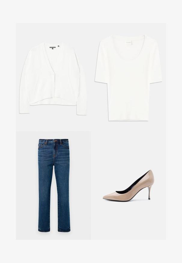 Chaqueta de punto blanca con escote en V profundo, puños y dobladillo con canalé. Cuenta con dos bolsillos laterales y un cierre de botones en la parte delantera.; Camiseta blanca de manga corta con cuello redondo. Confeccionada en suave tejido de algodón, presenta un corte relajado y un diseño minimalista.; Jeans de mezclilla en azul oscuro con un diseño de pierna recta, con costuras naranjas y un cierre frontal de botón. Incluye cinco bolsillos.; Zapato de tacón alto con punta puntiaguda de charol beige, tacón de aguja delgado y forro interior negro sobre fondo blanco.