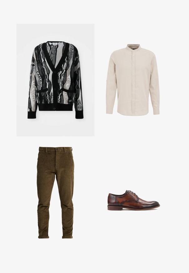 Strikket cardigan i sort og hvid med V-hals, knapper, to forlommer og et geometrisk og tekstmønster. Teksturen virker let.; Lys beige langærmet skjorte med båndkrave, frontlukning med knapper og blød tekstur. Har en enkeltknap manchet og et minimalistisk design.; Brune fløjlbukser med smal pasform, der har knaplukning og opbrettede manchetter, som viser et blødt, struktureret stof med lodrette ribber.; Brune læder dress sko med en glat tekstur, snørelukning, rund tå og kontrasterende mørke detaljer på hælen og syningerne.